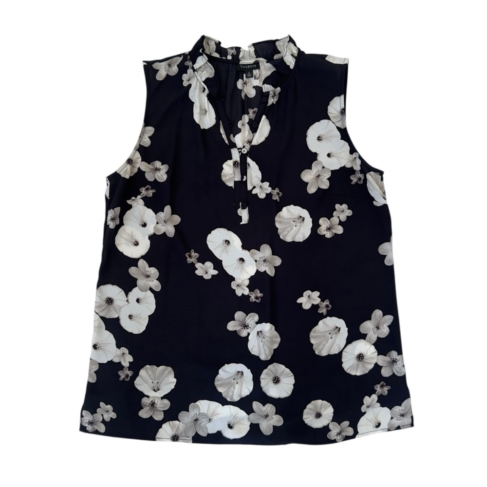 Talbots Black White Floral Sleeveless Blouse Size Small